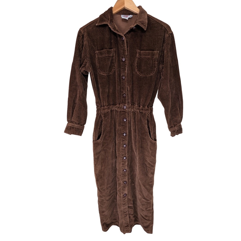 Vintage FADS Brown Corduroy Button Front Midi Dress‎ Womens 8P Petite Cabincore